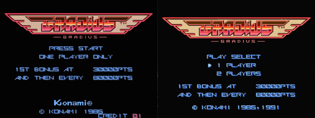 Arcade Gradius title screen (left) versus new PC Engine mini Gradius