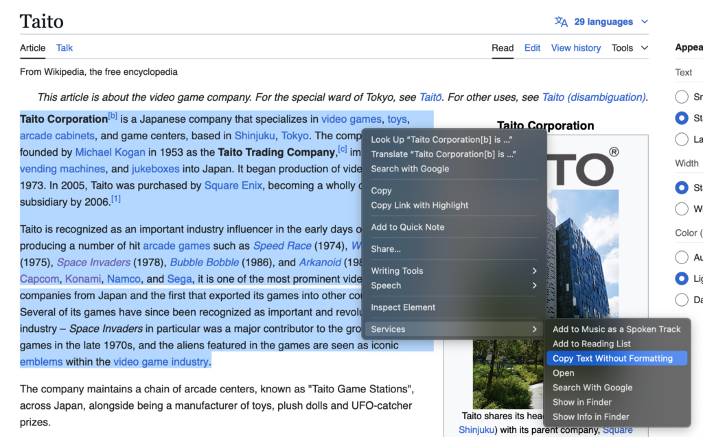 Copying text using the Copy Text Without Formatting service