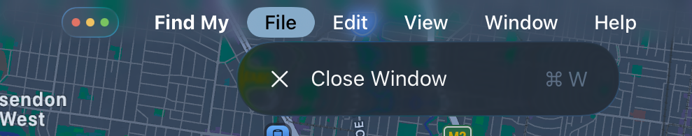 Find My is a single-window app, but has a File menu with the only option of Close Window