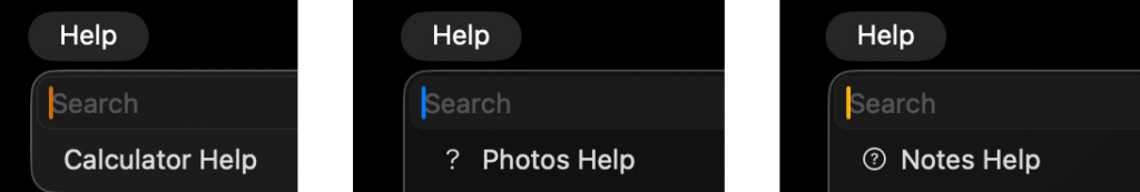 Different icons used in the Help menu