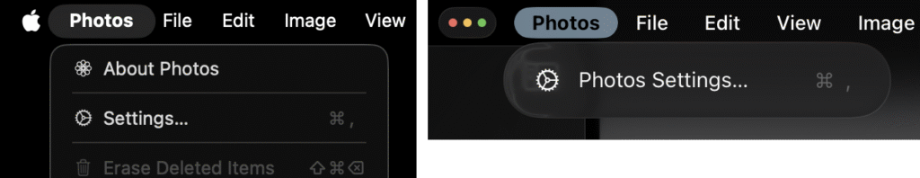 Photos Settings on the Mac versus iPad. Note use of app name in the menu item on iPadOS.