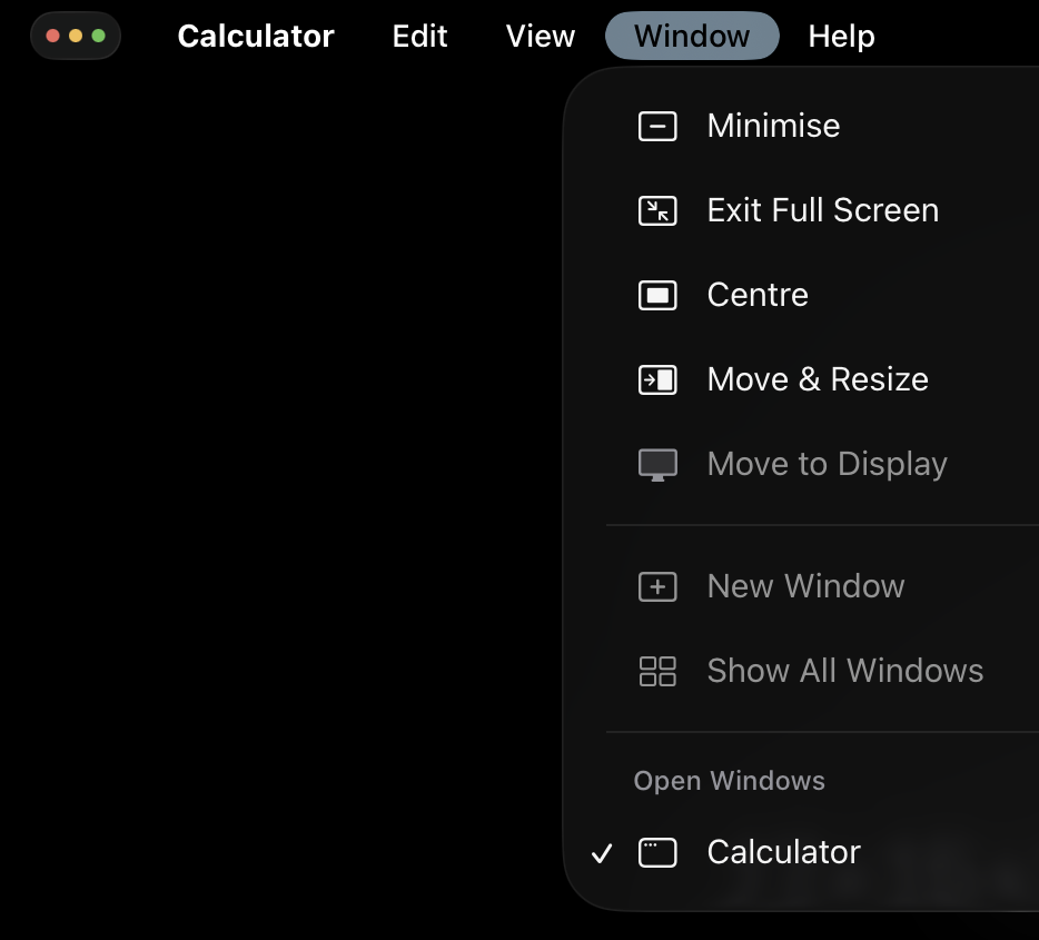 There's no Close menu item in Window on the iPad Calculator app
