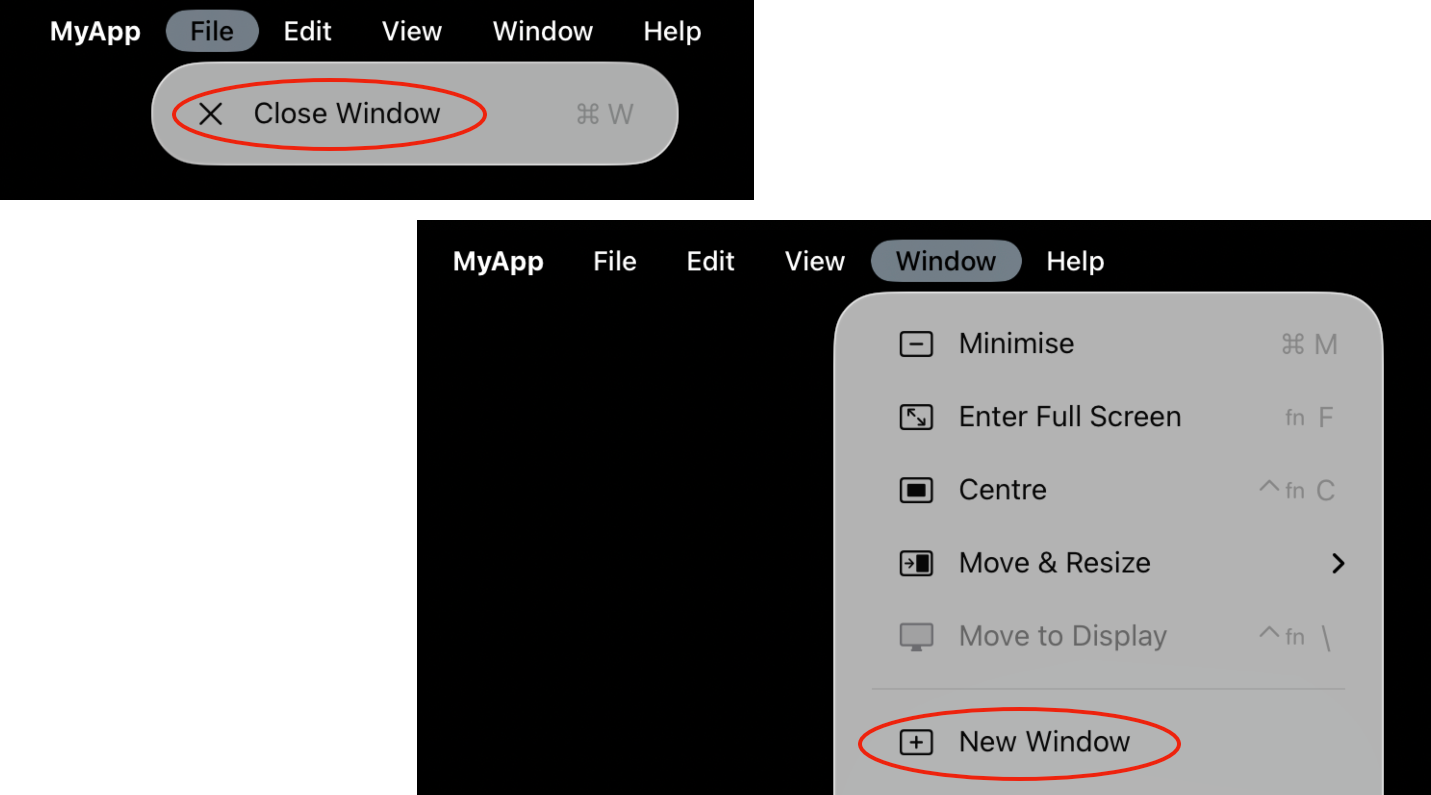 Close Window and New Window are in different top-level menus on iPad