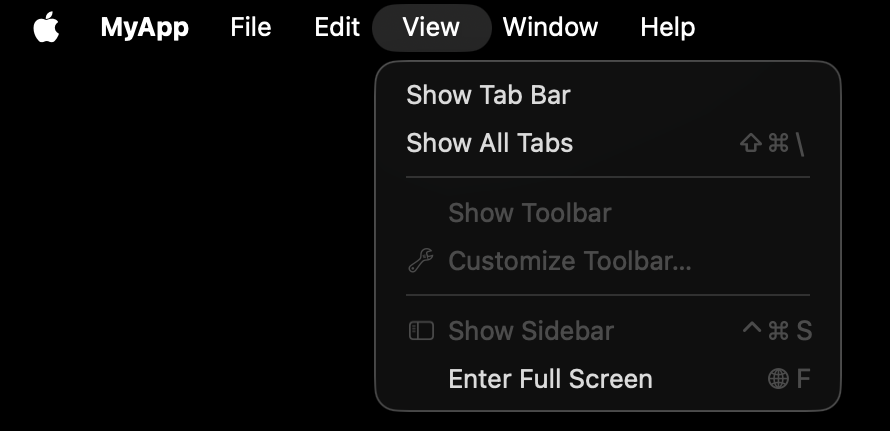 View menu on Mac