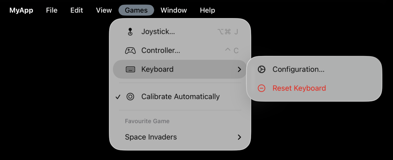 Example menu with separators, sub-menus, toggles and a picker