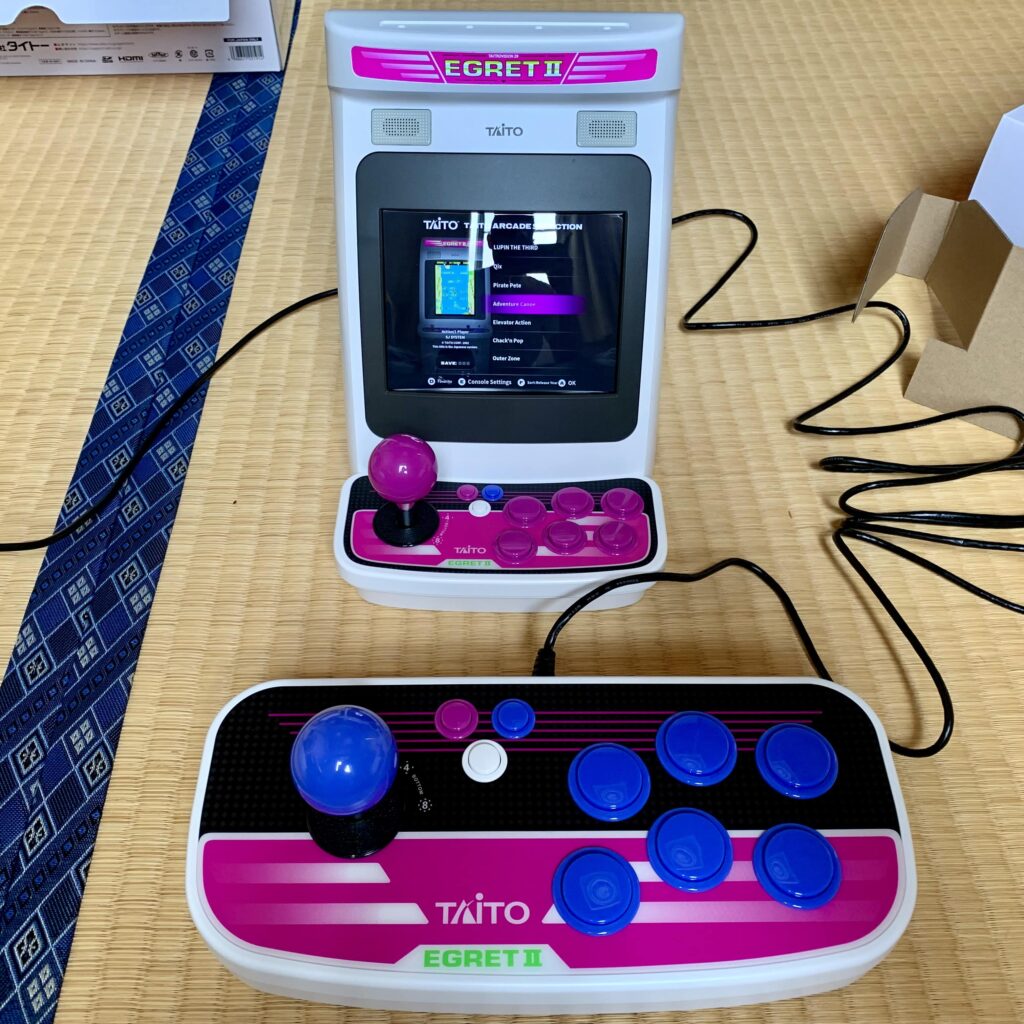 The arcade controller plugged into the Egret II mini