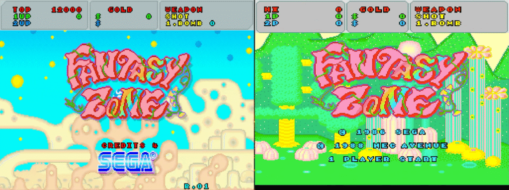 Arcade Fantasy Zone title screen (left) versus new PC Engine mini Fantasy Zone