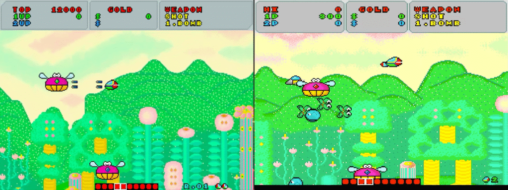 Another arcade Fantasy Zone in game screen (left) versus new PC Engine mini Fantasy Zone