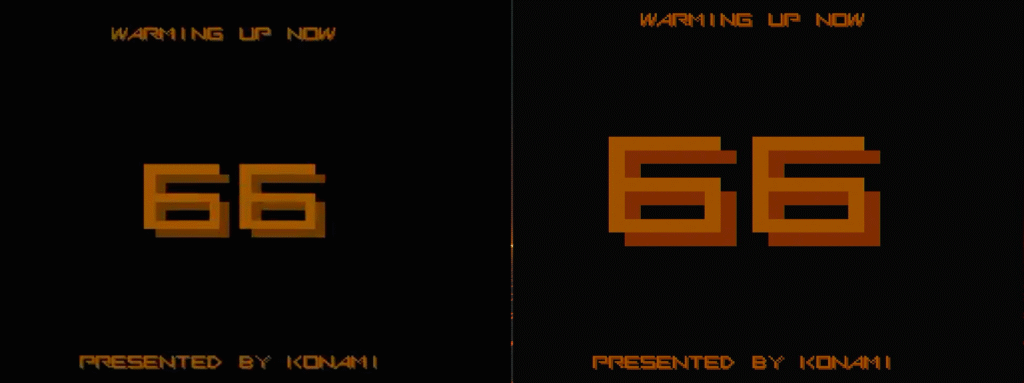 Arcade Gradius startup countdown (left) versus new PC Engine mini Gradius