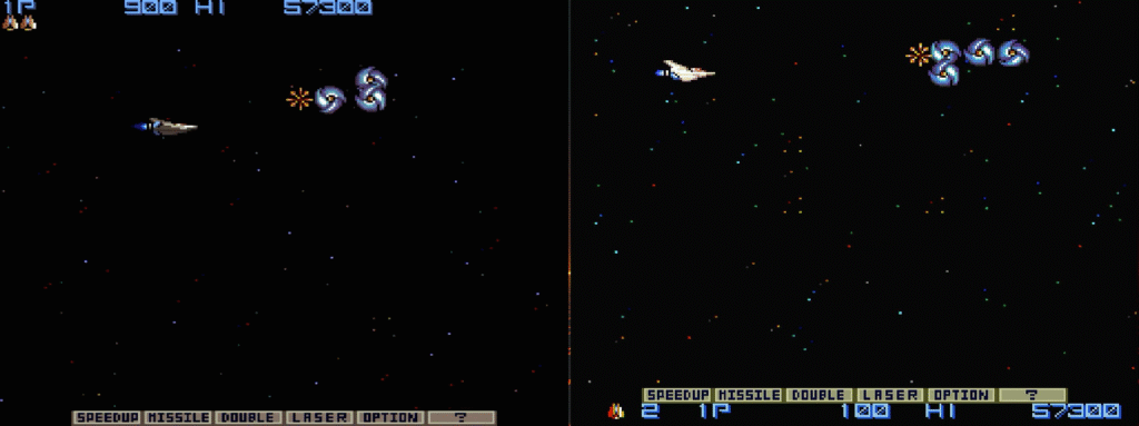 Arcade Gradius in game screen (left) versus new PC Engine mini Gradius
