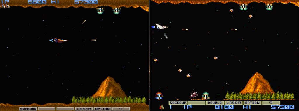 Another arcade Gradius in game screen (left) versus new PC Engine mini Gradius