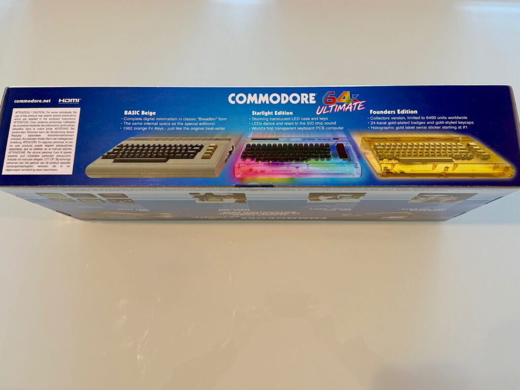 The side of the box showing the different editions of the C64U