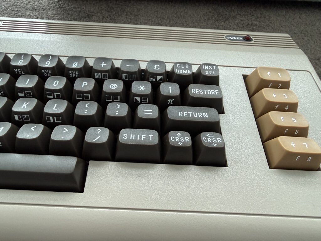 Close up of the keyboard. Note the PETSCII characters on the front of the keys.