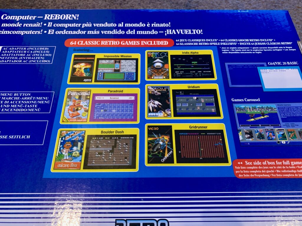 Close up of the box showing some games