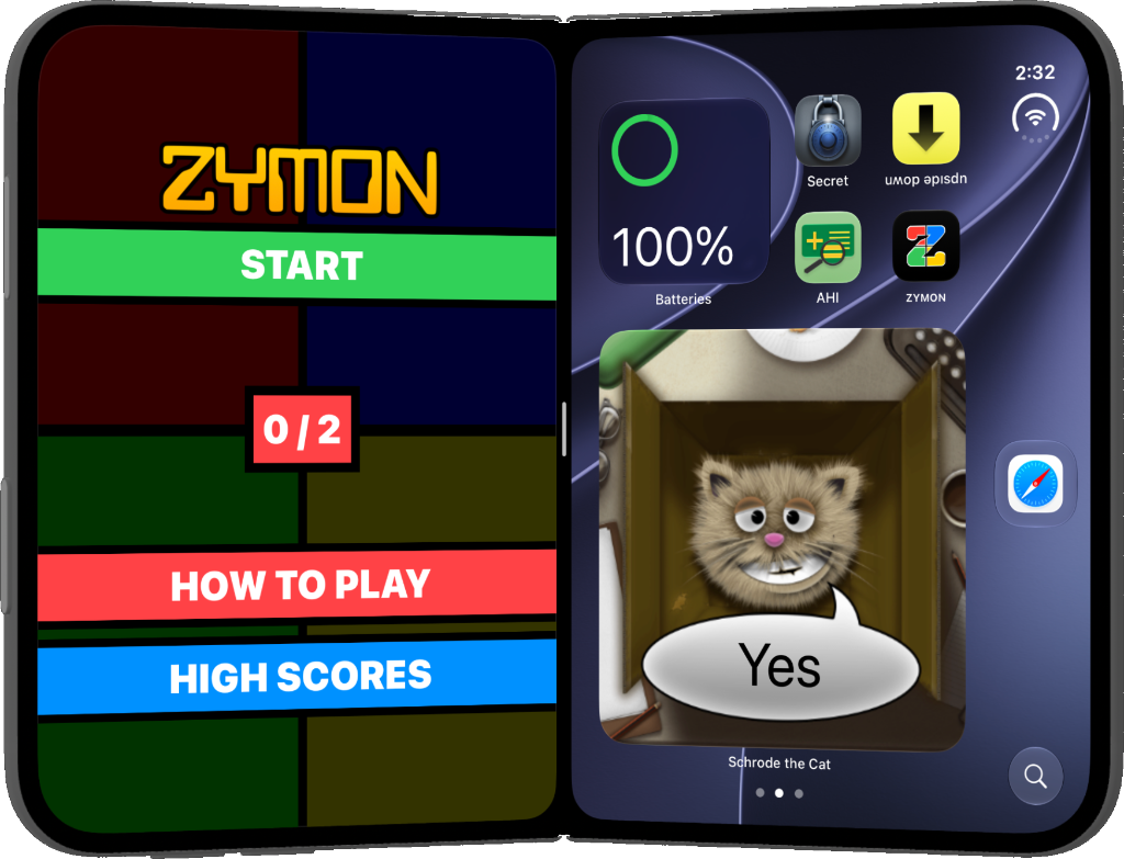 Zymon and Schrode the Cat running on the iPhone Duo (simulated)